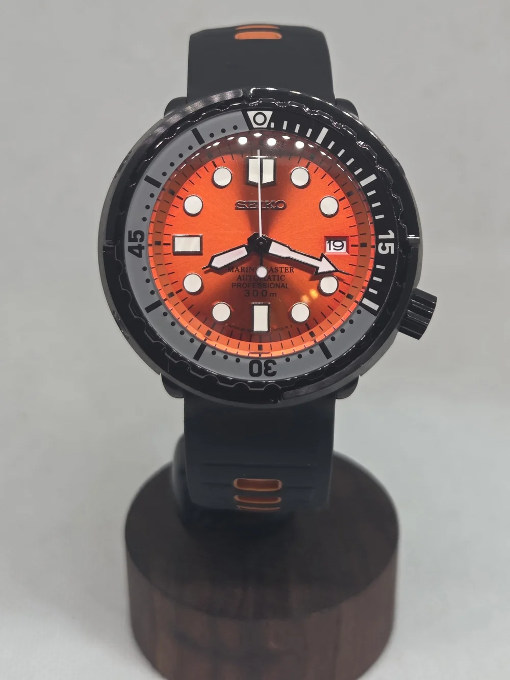 Custom 47mm Automatic Seiko Mod Watch NH35 Black and Orange Tuna Canned Diver